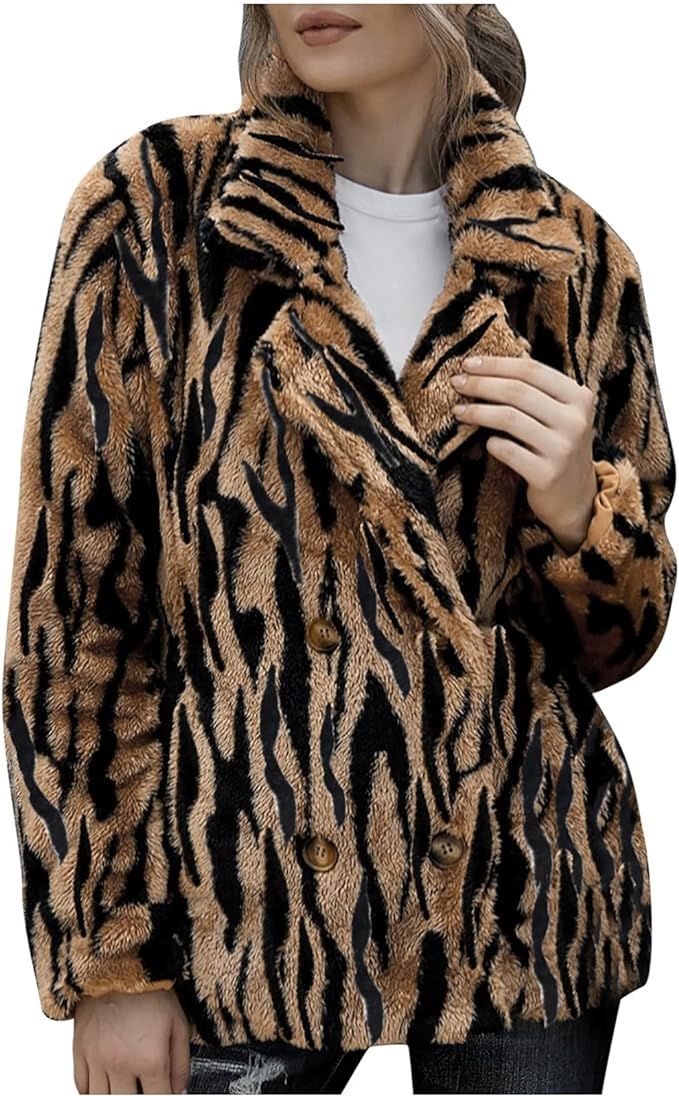 SHOPESSA Women's Fleece Jackets Tiger Print Button Winter Coats Notched Lapel Winter Warm Y2K Coa... | Amazon (US)