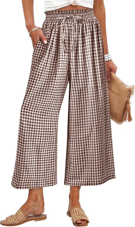 ANRABESS Womens Striped Gingham Palazzo Capri Pants Pajama Wide Leg Lounge Trousers Plaid Cute Cr... | Amazon (US)