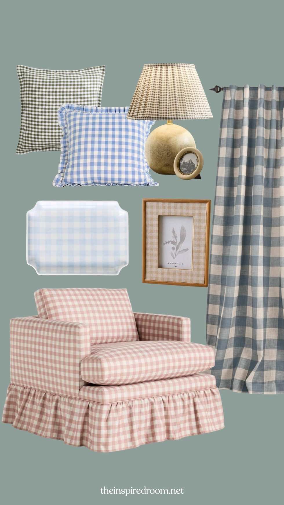Style crush: gingham. Pink chair, blue check curtains in chambray color (I have and love), lamp with pleated shade, pillows, frame, tray 

#LTKSaleAlert #LTKSeasonal #LTKHome