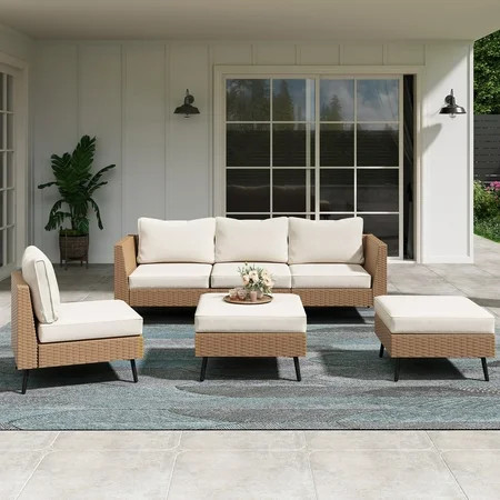 LAUSAINT HOME 6 Pieces Outdoor Furniture Set, Patio Rattan Wicker Sectionals with 4 Chairs and 2 Ottomans, Beige Cushions | Walmart (US)