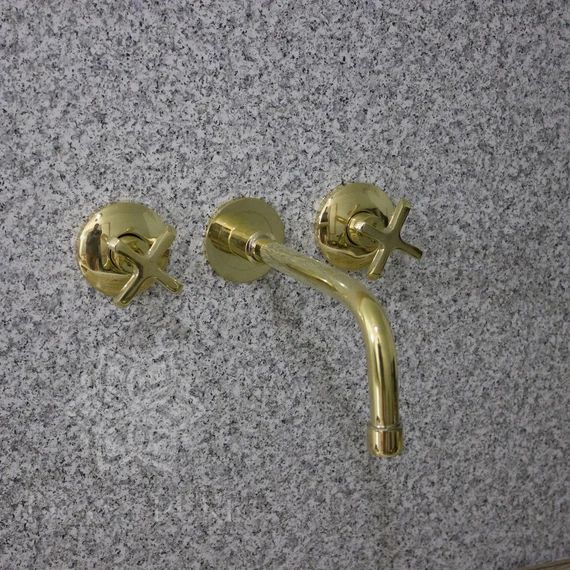 Solid Pure Brass, Wall Mounted Faucet, Unlacquered Pure Brass Bathroom Faucet | Etsy (US)