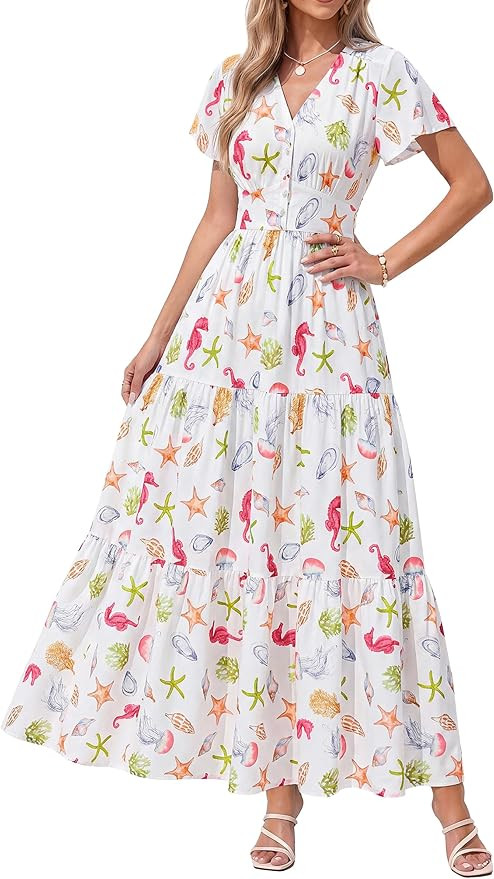 PRETTYGARDEN Women Summer Maxi Dresses 2026 Short Sleeve V Neck Button Floral Tiered Flowy Boho S... | Amazon (US)