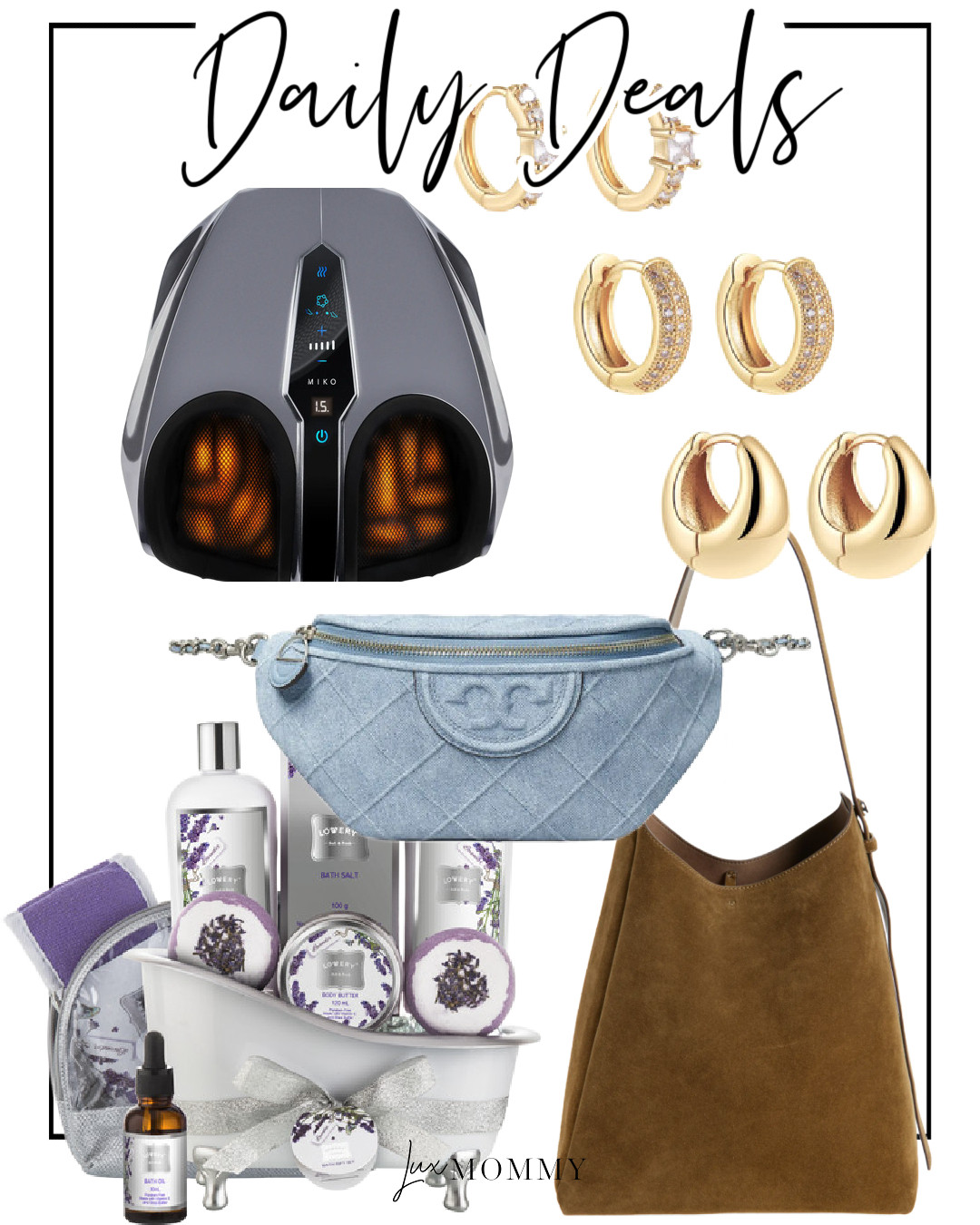 Daily Deals, Deals of the day!!
Tory Burch, Suede Hobo Bag, Denim Belt Bag, Shiatsu Massager, Lavender Bath Set, Huggie Earring Set 

 #LTKGiftGuide #LTKHome #LTKBeauty