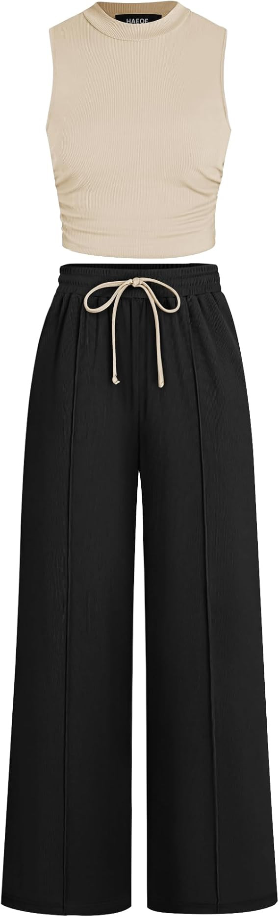 HAEOF Women's Summer 2 Piece Outfits Ribbed Knit Sleeveless Crop Tops Elastic High Waist Wide Leg... | Amazon (US)