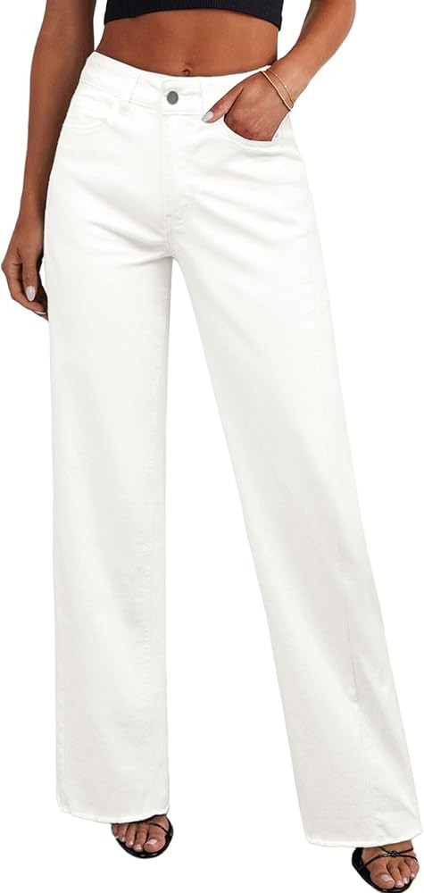 PRETTYGARDEN Wide Leg Jeans for Women Trendy High Waisted Stretchy Baggy Raw Hem Denim Palazzo Pa... | Amazon (US)