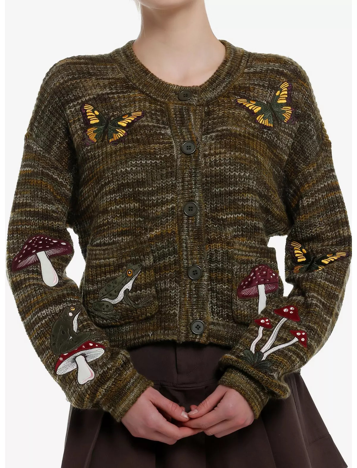 Thorn & Fable Mushroom & Critter Patches Marled Girls Cardigan | Hot Topic