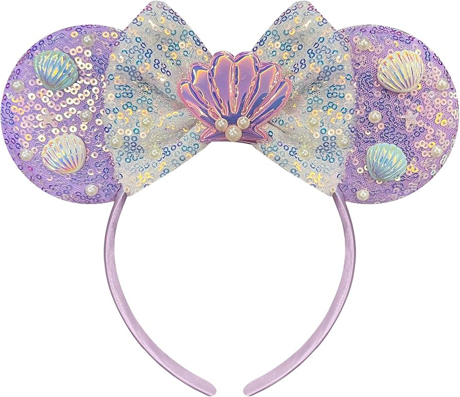 Trnerm Mermaid Mouse Ears Headband, Sequin Park Ears with Silver Bows, Mermaid Birthday Party Sup... | Amazon (US)