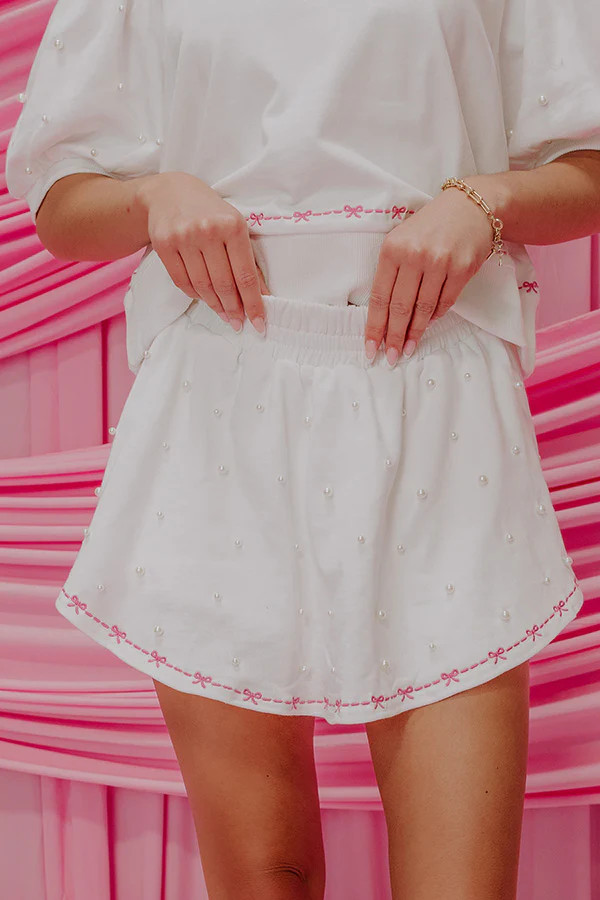 Bows And Kisses Pearl Embellished High Waist Skort in White | Impressions Online Boutique