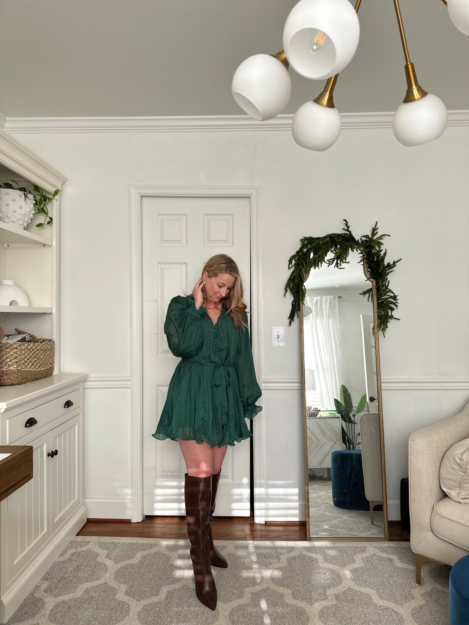 Vici holiday drop is the best!
Pleated romper in a gorgeous green with gold threading is absolutely stunning. Wearing a med and fits my long torso and keeps my behind covered.
Paired with my chocolate heel knee high boot. Great for holiday photos!
Vici code is trilbysave35 for now then changes back to trilbysave30. Bigger than site coupon!

#LTKPetite #LTKHoliday #LTKShoeCrush