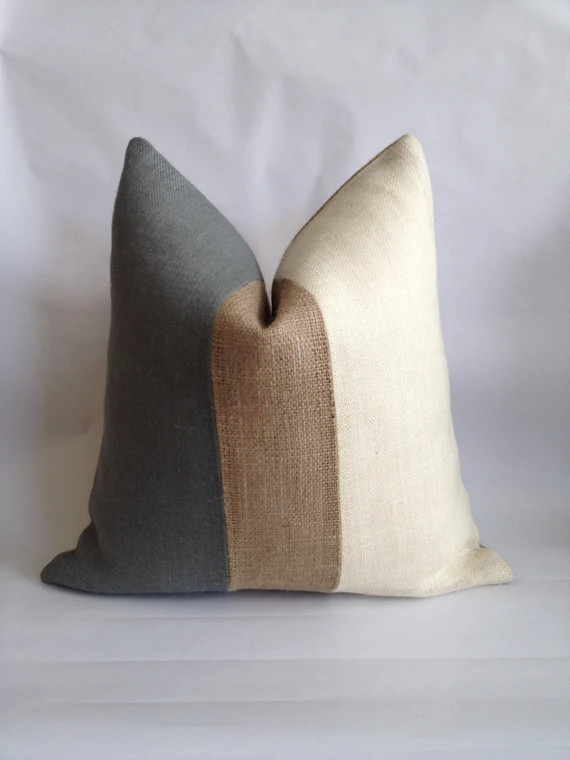Gray Natural and Cream Burlap Vertical Stripe Pillow Cover - Etsy | Etsy (US)