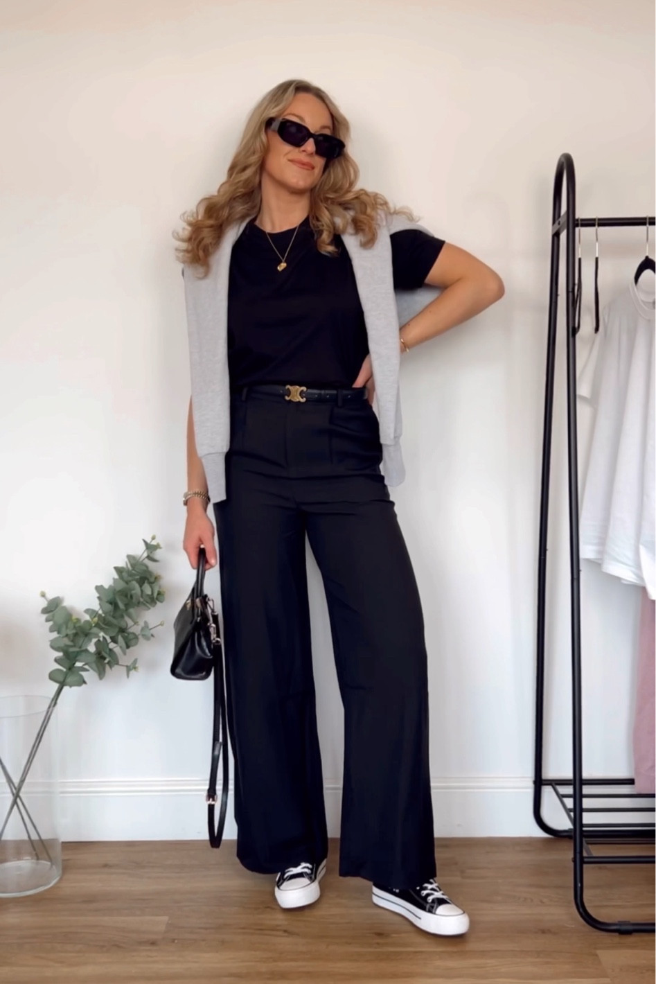Wide leg trousers black 
Body style black tshirt 
Converse black platform dupe 

#LTKfit #LTKshoecrush #LTKFind