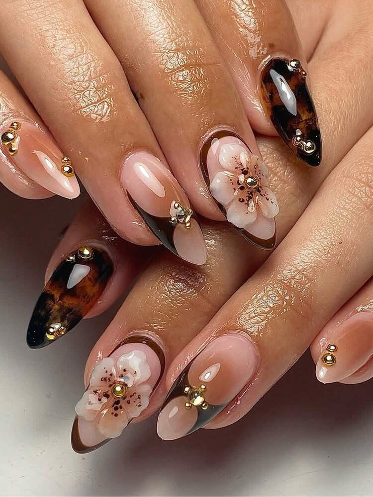 Pure Handmade Nails Maillard 3D Floral Nails 3D Flower Nails Amber Fall Nails Aura Nails Brown Nails Autumn Almond Medium French Tips Press On Nails False Nails For Girl Women | SHEIN