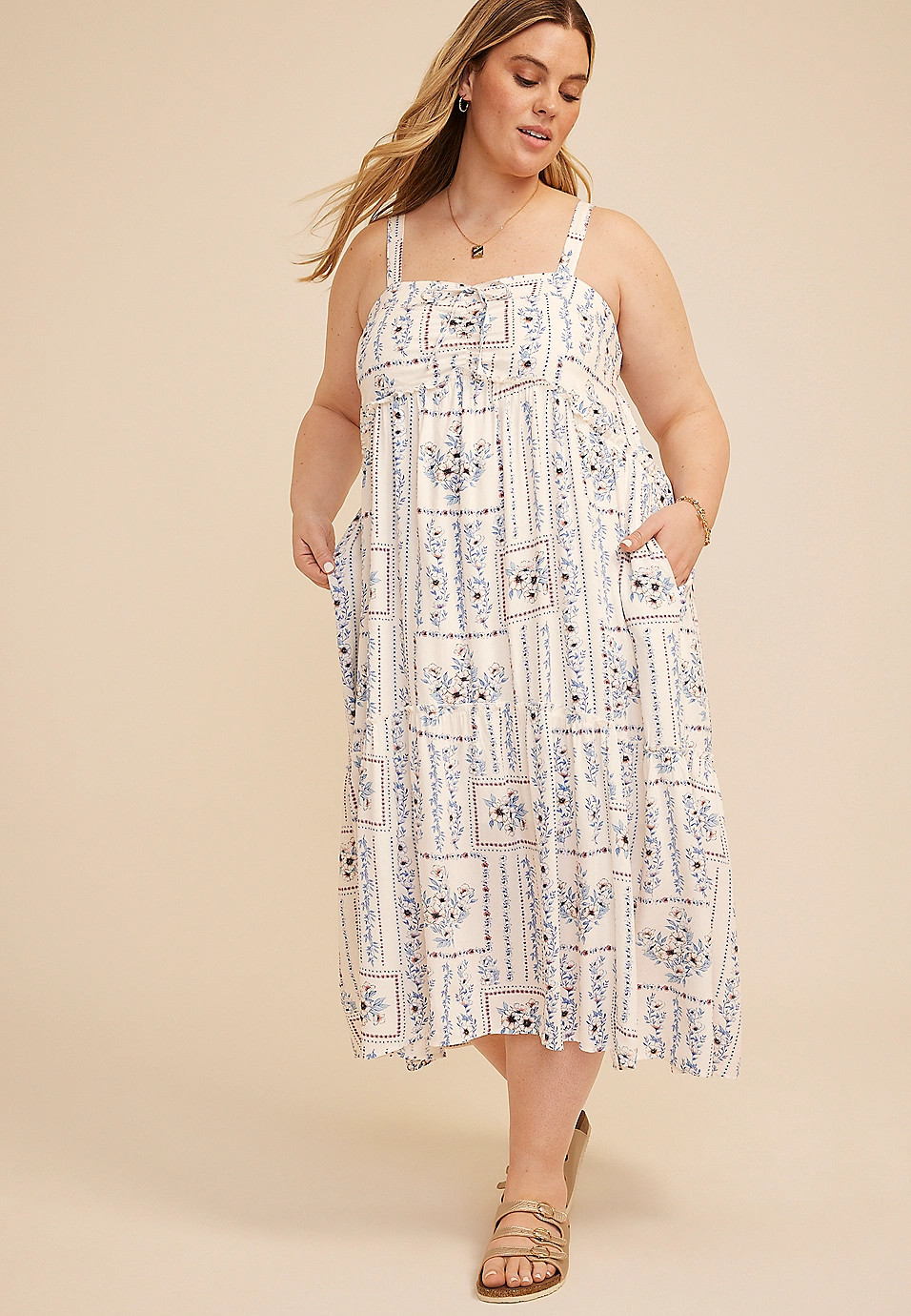 Patchwork Bare Tie Cinched Midi Dress | Maurices