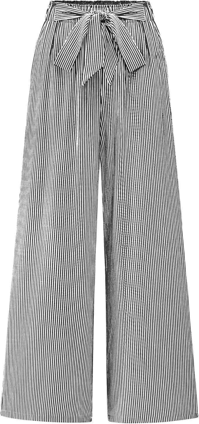 BTFBM Pants for Women 2026 Spring Clothes Striped High Waist Tie Knot Dressy Casual Wide Leg Pala... | Amazon (US)