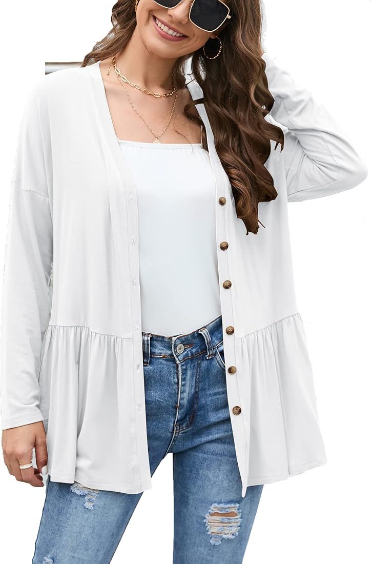 Women's Lightweight Open Front Cardigan Pleated Ruffles Side Split Long Sleeve Cardigans with Button | Amazon (US)