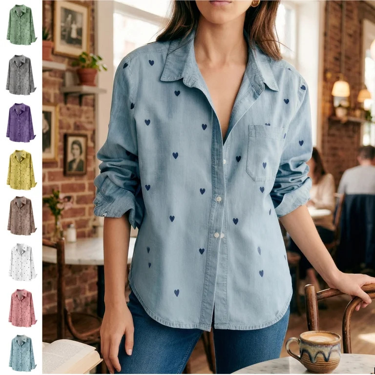 Maqroz Women's Heart Print Denim Shirt Long Sleeve Button Down Blouse Casual Collared Top Cute Lo... | Walmart (US)