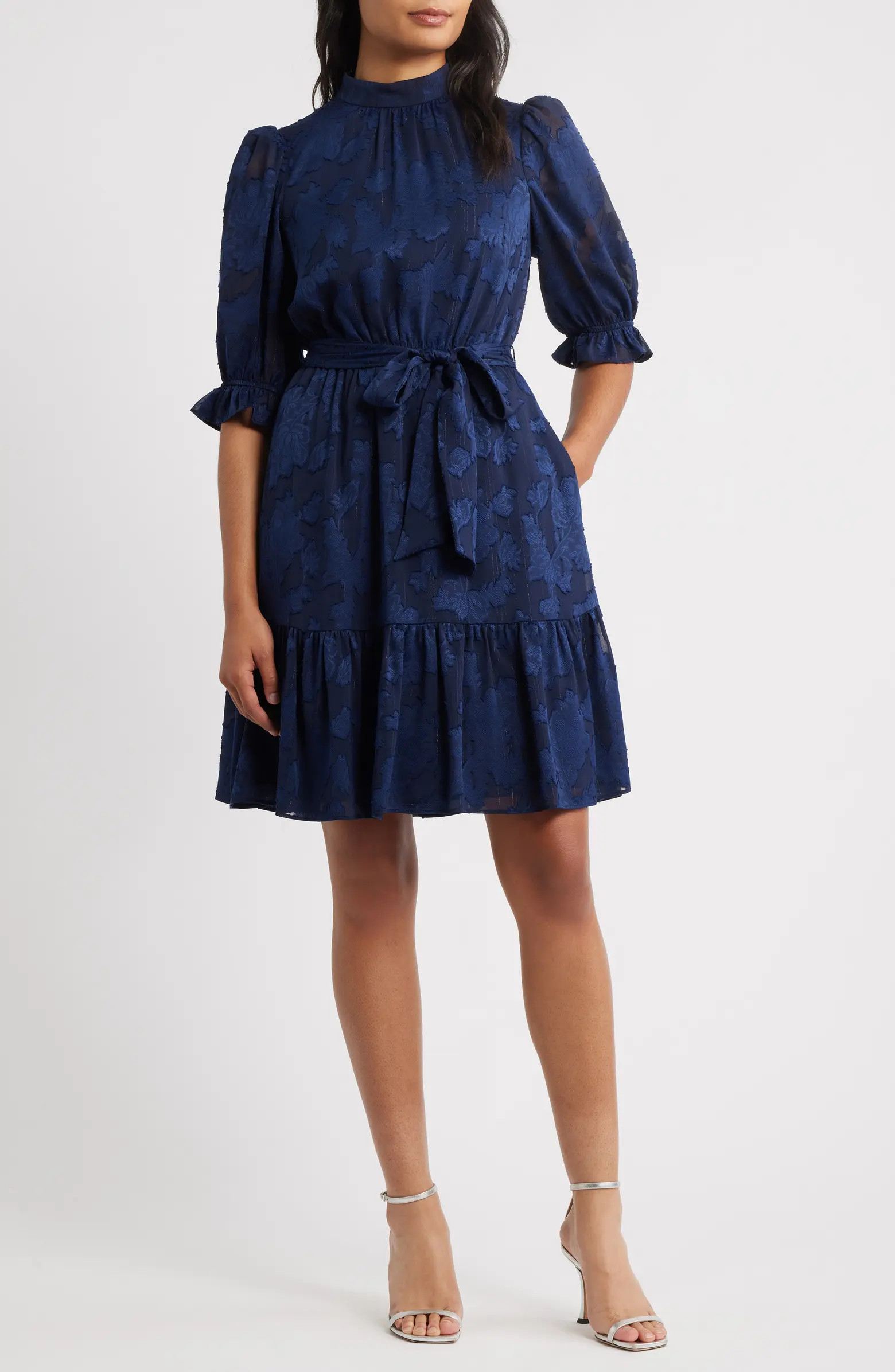 Floral Jacquard Metallic Stripe Chiffon Dress | Nordstrom