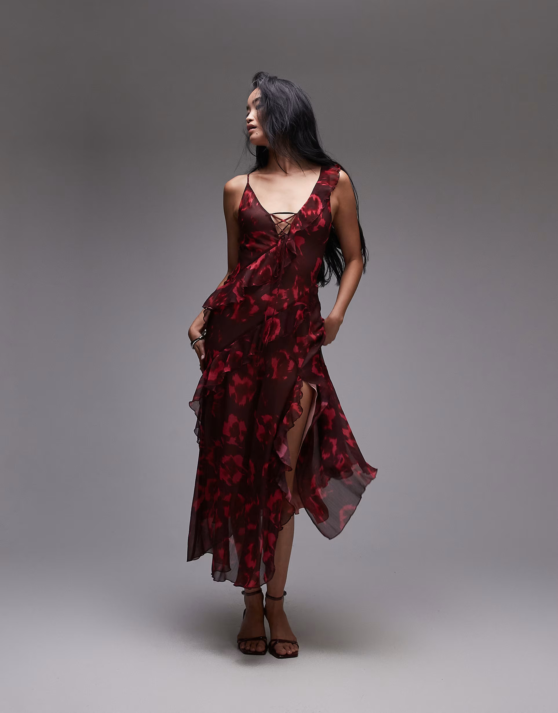 Topshop maxi slip dress with frills in oxblood floral | ASOS | ASOS (Global)