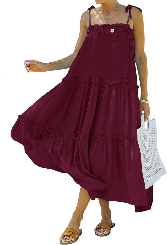 BTFBM Women's Summer Adjustable Spaghetti Strap Sleeveless Dresses Casual Loose Tiered Ruffle Cami B | Amazon (US)