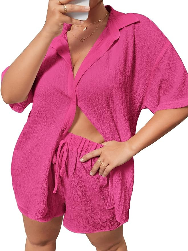 MakeMeChic Women's Plus Size Casual 2 Piece Outfits Long Sleeve Button Down Blouse and Shorts Set | Amazon (US)