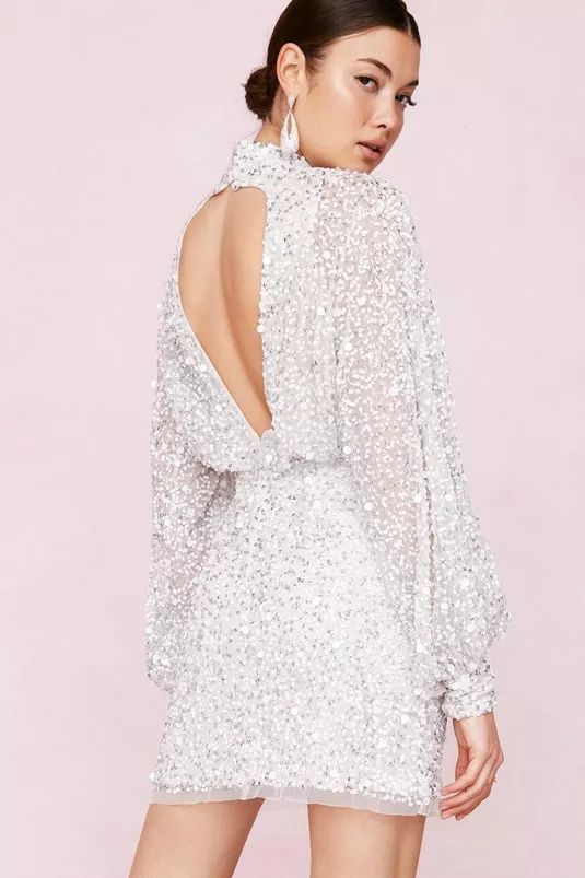 Bridal Balloon Sleeve Embellished Mini Dress | Nasty Gal (US)