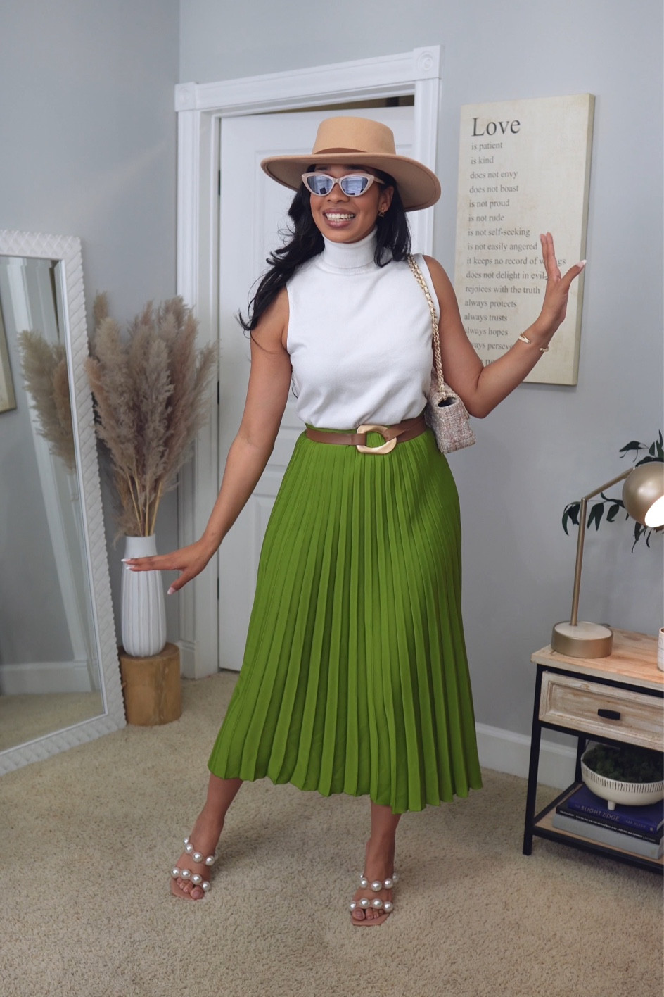 White skirt outlet green top