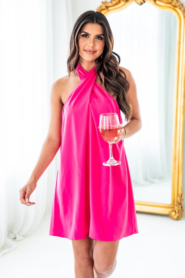 Time After Time Hot Pink Satin Criss-Cross Halter Mini Dress | Pink Lily