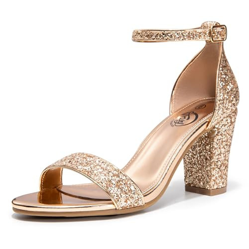 Trary Women's Gold Sparkly Block Heel Sandal, Size 8.5, Comfortable, for Wedding | Amazon (US)