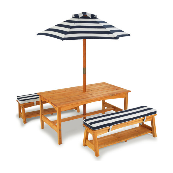 Outdoor Table and Bench Set with Cushions and Umbrella, Navy/White Stripes | Maisonette