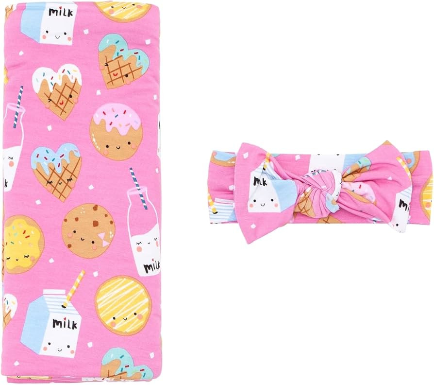 Little Sleepies Newborn Swaddle + Headband Set, Viscose from Bamboo Baby Wrap, Pink Cookies & Mil... | Amazon (US)