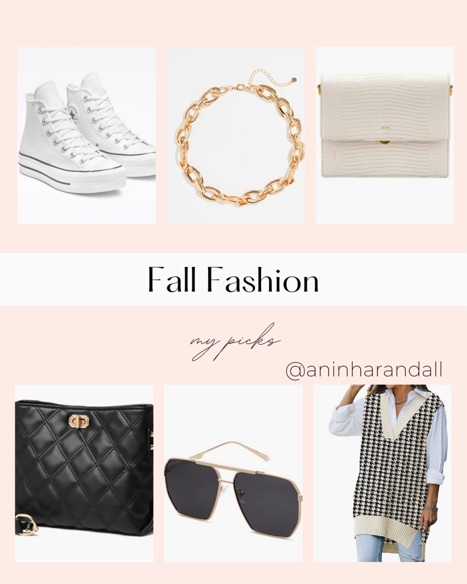 Fall fashion picks, gold bracelet, crossbody bag, sunglasses, sweater vest 

#LTKunder100 #LTKstyletip #LTKSeasonal
