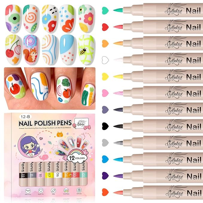 Nail Art Pens,12 Colors 0.7mm 3D Nail Polish Pens for Women | Amazon (US)
