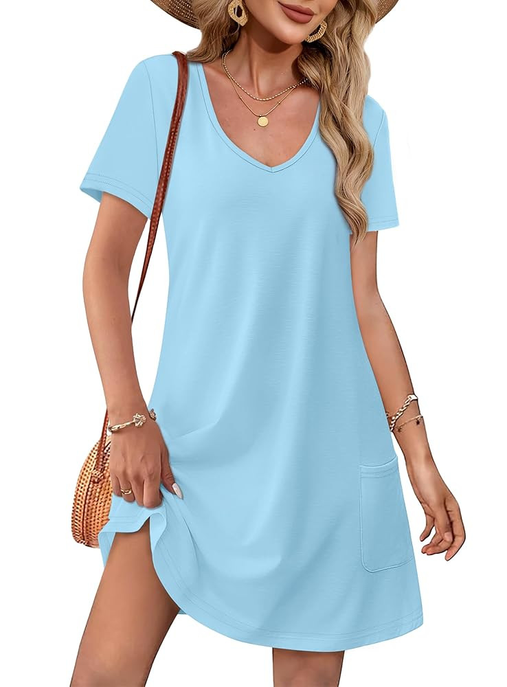 OFEEFAN Summer Dresses for Women 2025 Loose V Neck Short Sleeve Casual T Shirt Dress Sundresses S... | Amazon (US)