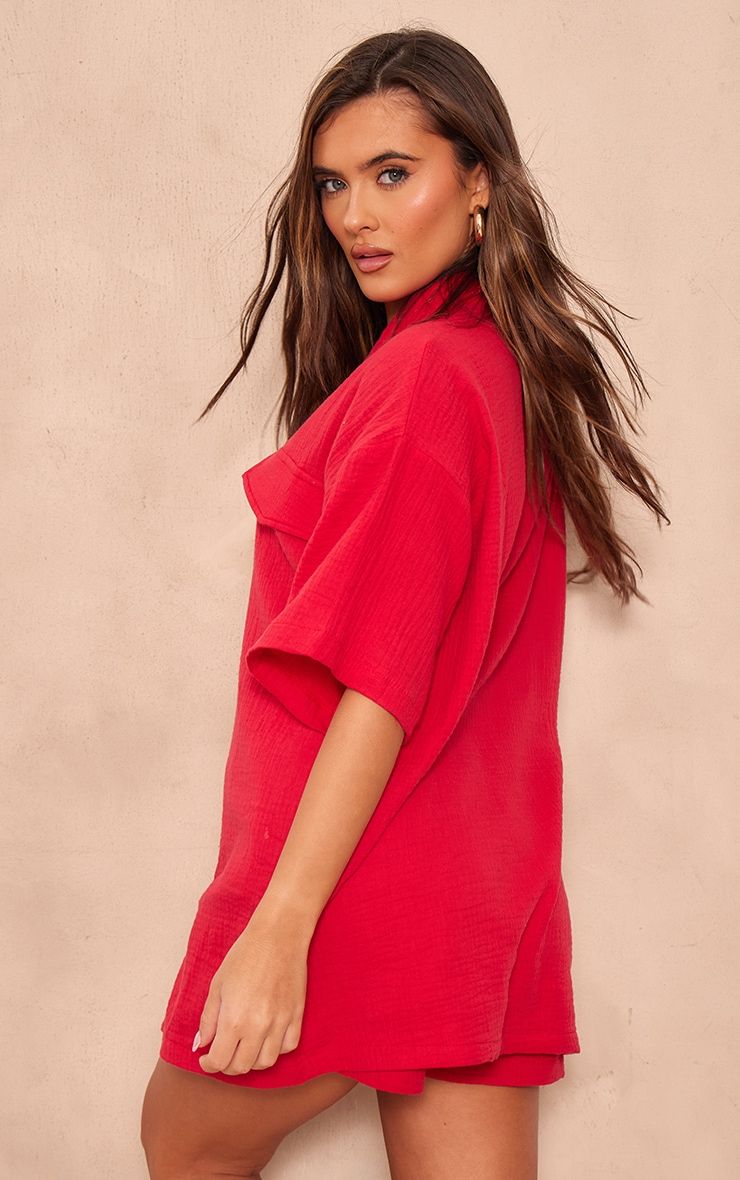Cherry Red Woven Pocket Detail Short Sleeve Shirt | PrettyLittleThing UK