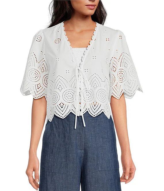 Lucy ParisLace Embroidered V-Neck Short Sleeve Tie Front Top | Dillard's