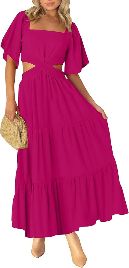 LEANI Women's 2024 Summer Cutout Maxi Dress Square Neck Short Sleeve Crossover Waist Casual Party... | Amazon (US)