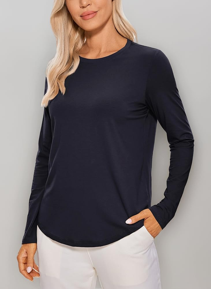 CRZ YOGA Women's Pima Cotton Sports Long Sleeve Shirts Lightweight Crew Neck Yoga T-Shirts Breath... | Amazon (UK)