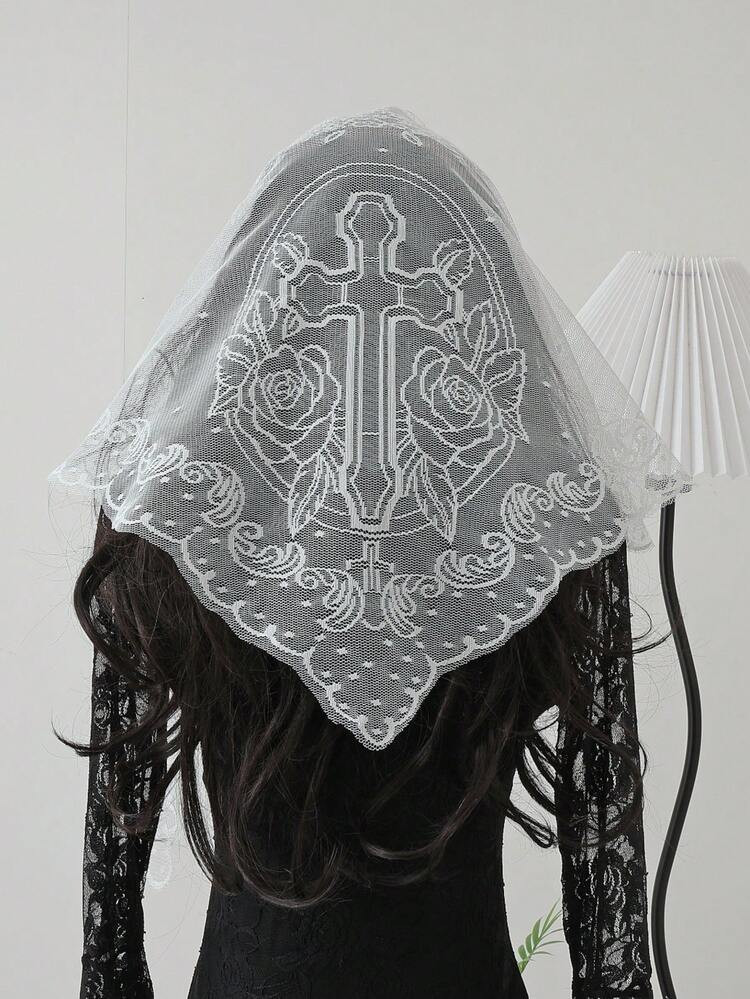 1pc Lace Floral Trim Wedding Veil Scarf Triangular Scarf, Fashionable Lace Trim Breathable Church Headscarf | SHEIN