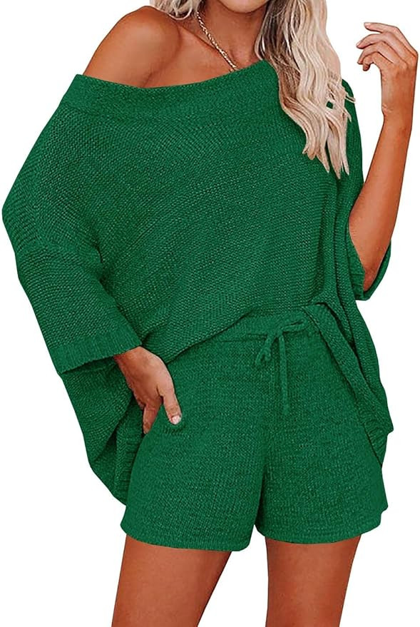 Ermonn Womens 2 Piece Outfits Sweater Sets Off Shoulder Knit Tops Waist Short Suits Casual Pajama... | Amazon (US)