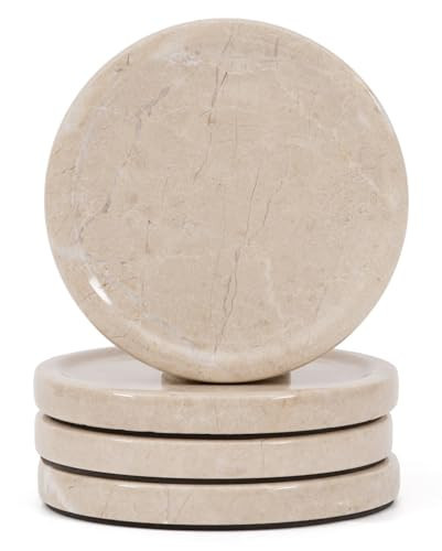 Earthen Crafts Marble Coasters Set of 4 Beige 4 Inches Round Coaster Set Natural Stone Drink Coasters, Coaster for Drinks, Coffee Table, Kitchen, Bar Décor | Amazon (US)