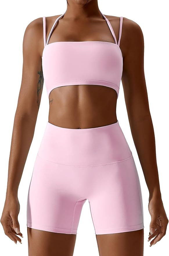 ABOCIW Workout Sets for Women 2 Piece Twist Front Halter Sports Bras High Waist Biker Shorts Exer... | Amazon (US)