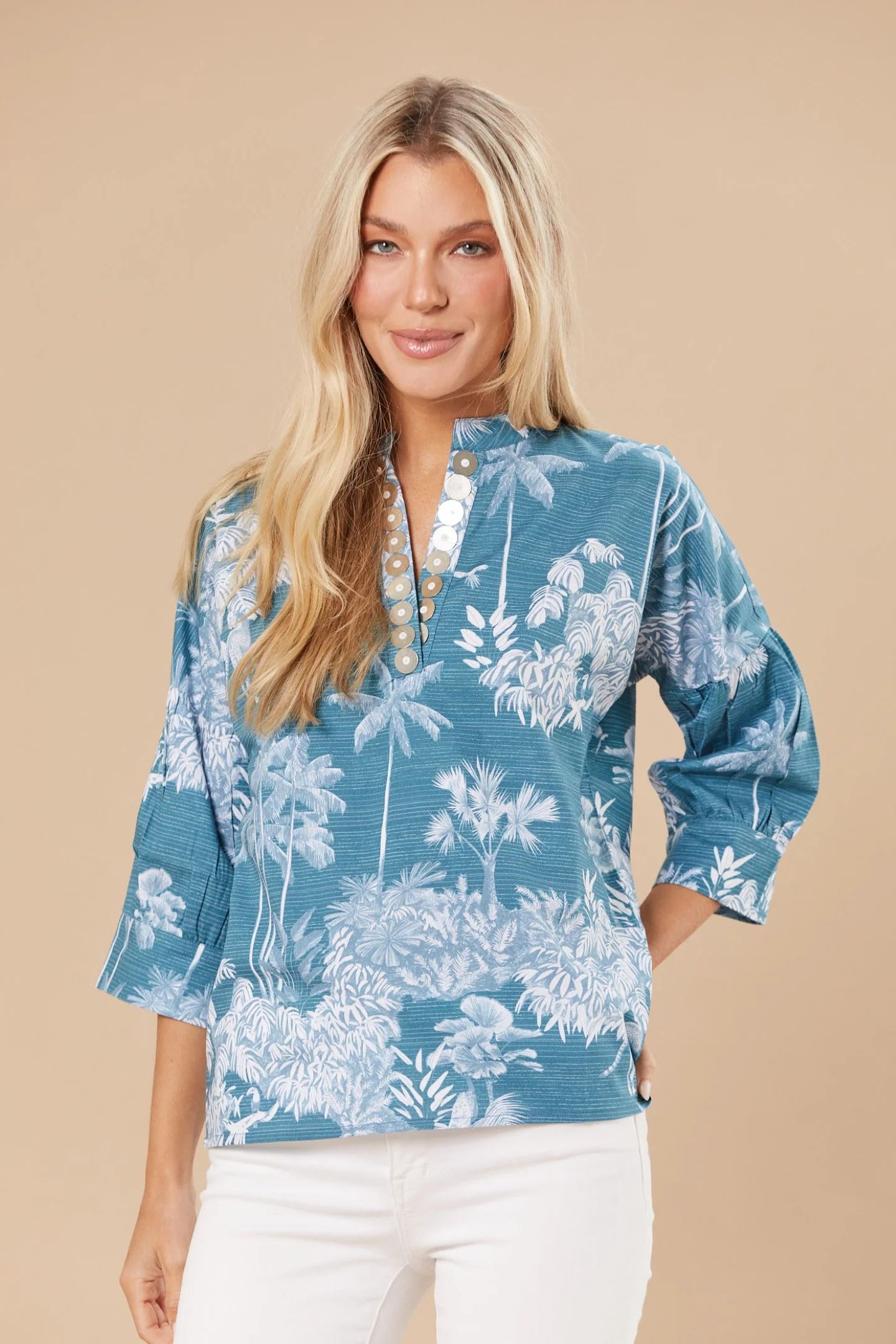 Sheridan French I Resort 2023 I Drew Blouse in Teal Toile | Sheridan French