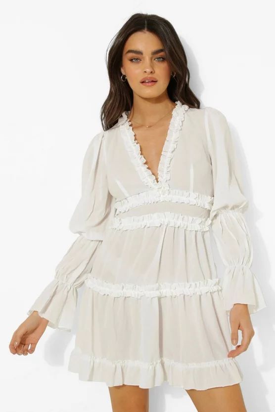 Ruffle Trim Drape Sleeve Skater Dress | Boohoo.com (US & CA)