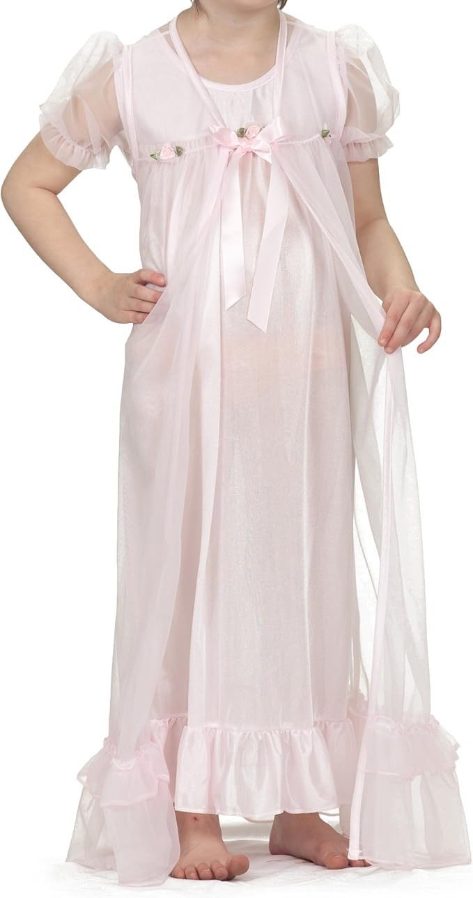 Laura Dare Big Girls Short Sleeve Peignoir Nightgown Robe Set w Scrunchie, 7-14 | Amazon (US)