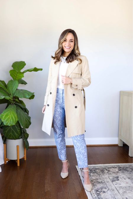 Spring work outfit 

Pants petite 00 size down 
Top xxs 
Trench coat petite xxs/00 linking two options, sizing is the same for both 
Shoes true to size 

#LTKSeasonal #LTKworkwear