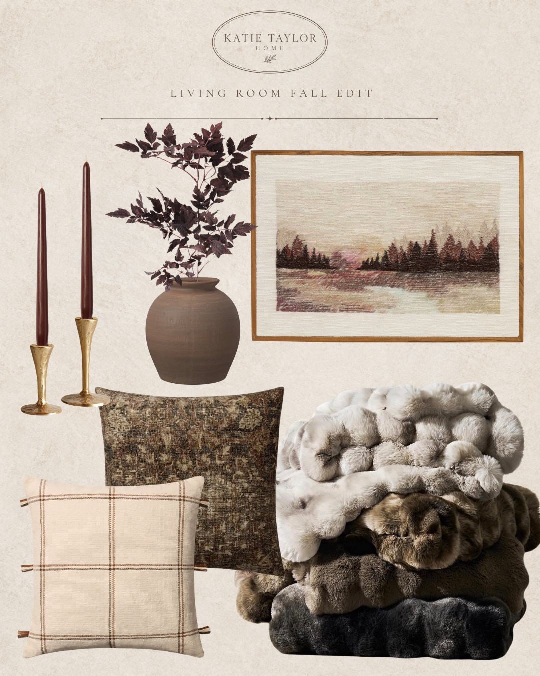 Warm + layered fall living room decor 🤎 

I pulled this edit together with rich chocolate brown and burgundy tones, warm cream, natural wood, aged brass and plenty of cozy texture.

I love the mix of fall throw pillows, burgundy stems in earthy brown pottery, aged brass candlesticks with deep brown taper candles, vintage-inspired artwork, warm wood accents and that gorgeous chocolate faux-fur throw. Together, they add so much warmth and dimension without everything feeling too coordinated.

A special thank you to EverGrace for gifting me the chocolate faux-fur throw featured in this edit! I can personally vouch for the quality—it’s incredibly thick and soft, has a beautiful substantial weight to it, and is even prettier in person. Such a good cozy fall throw blanket for adding warmth and texture to a living room or bedroom.

Swipe to see how I imagined the entire fall decor edit coming together in a room.

Everything is linked below!

#LTKHome #LTKSeasonal