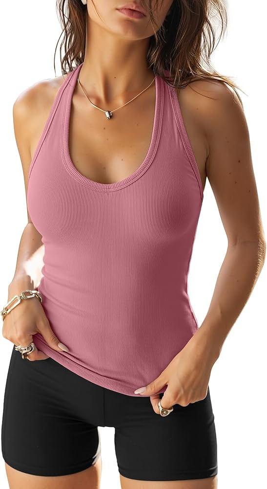 Darong Halter Tank Top for Women with Built in Bra Soft Ribbed V Neck Backless Cami Shirts Basic ... | Amazon (US)