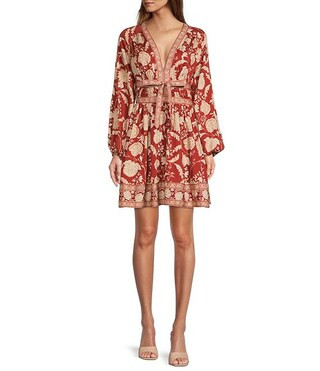 Normajean Floral Print Deep V-Neck Long Puff Sleeve Tie Waist Dress | Dillard's