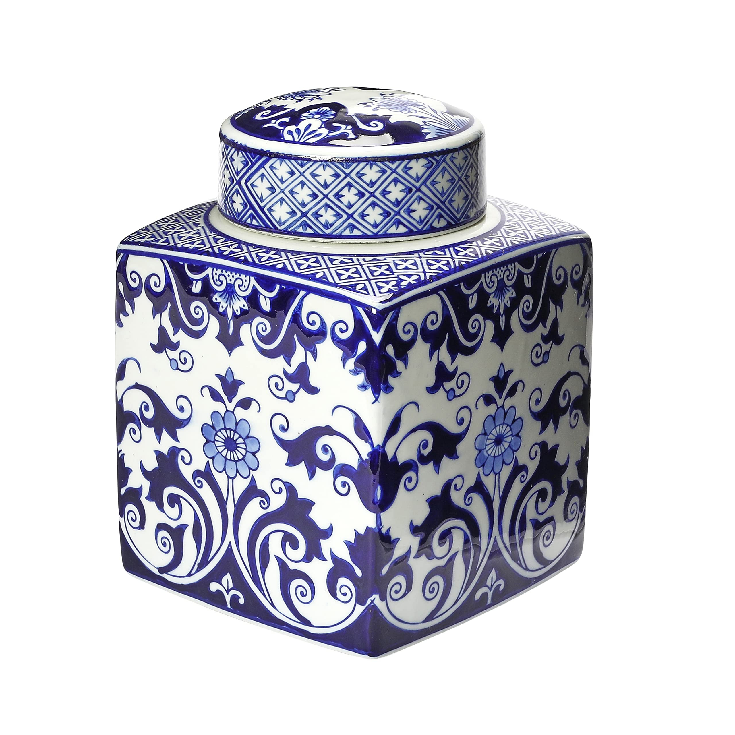 Creative Co-Op Decorative Square Ceramic Ginger Jar with Lid, Blue and White, Floral Pattern | Amazon (US)