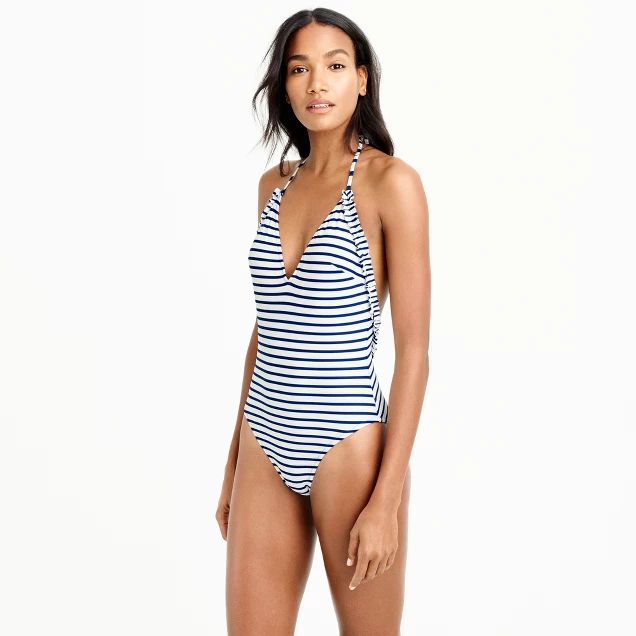Ruffled halter one-piece swimsuit in mixed stripe | J.Crew US